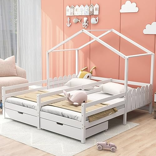 Cama Casita Con 2 Cajones De MDF Con Ruedas Cama Doble Con Protección Anticaída Cuna Somier De Listones De Pino Cama Juvenil Para 2 Niños Cama En El Suelo Cama Con Espacio De Almacenamiento Blanco