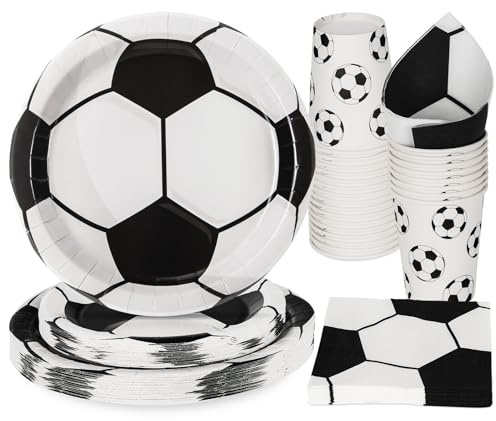 PARTY GO 96 Pcs Football Party Tableware Set, Paper Plates Cups and Napkins, Disposable Dinnerware Party Supplies for Birthday, Black White Football Soccer World Cup Decorations Serve 24 Guests