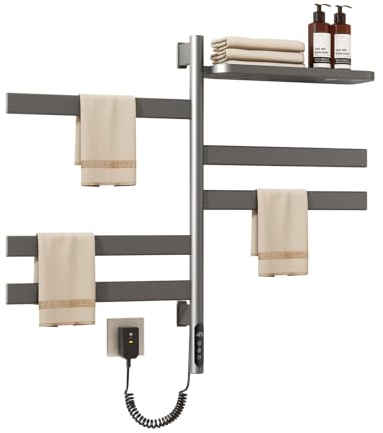 Stendino Elettrico Asciugabiancheria Con Vassoio Superiore, stendino da termosifone,Scaldasalviette Girevole, Scaldasalviette in Acciaio Inossidabile 5 Barre Con Timer Incorporato,Grigio