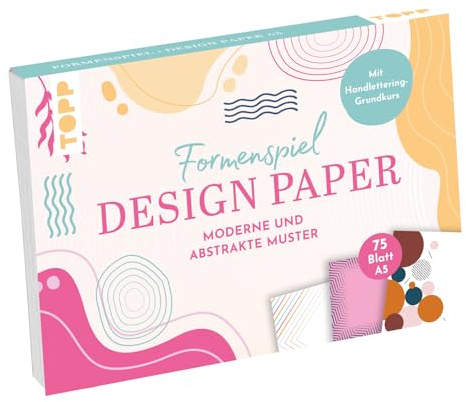 TOPP Design Paper Jeu de Formes A5, avec Cours de Base de Lettrage à la Main, 75 papiers à Motif (DIN A5, 220 g/m²), en 25 Designs, 16 Pages de Cours de Lettrage à la Main, Couverture Souple