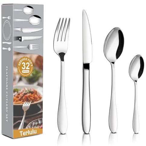 Terlulu Cutlery Set, 32 Piece Stainless Steel Flatware Set, Tableware Silverware Set with Spoon Knife and Fork Set, Mirror Polished, Dishwasher Safe - Service for 8