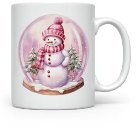 MAXIKIWI - Tasse à café ou à thé en céramique lisse et durable pour la maison ou le bureau - Parfait pour toutes les occasions - Bonhomme de neige rose dans une boule à neige - 350 ml