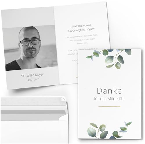 10 personalisierte Trauer Danksagungen Dankeskarten mit eigenem Text und Foto | Individuell anpassbare Danke Trauerkarten mit Briefumschlägen | Karten Mitgefühl Eukalyptus