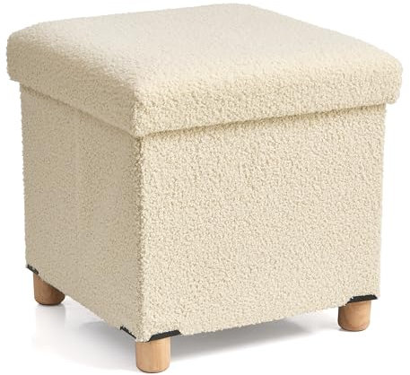 BRIAN & DANY Sitzhocker mit Stauraum, Teddy Fleece Fußhocker mit Holzfüßen, Fußhocker mit Stauraum, Sitzhocker für Wohnzimmer, Schlafzimmer, Beige, 38 x 38 x 38 cm