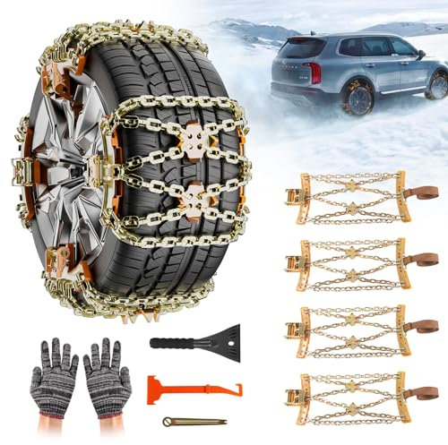 GOHHME Snow Chains for Cars 4 PCS Large Iron Wheel Chain with a Ice Scraper for All Vehicle Types Metal Grip Buckles New Upgrade Automatic Gear Type Buckles Durable Iron Construction 165mm-275mm