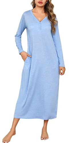 Leversic Camicia da Notte Donna Manica Lunga Camice da Notte Cotone Vestito da Notte Invernale con Tasche Pigiama Tinta Unita Azzurro XXL