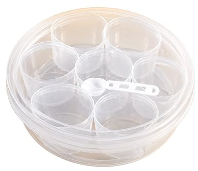 Bargain House 7 Compartment Spice Box with Spoon & Transparent Lid | Round masala storage box airtight transparent lid and spoon. Ideal for storing spices, herbs and seasonings.