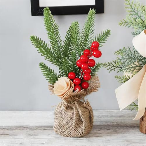 Mini Weihnachtsbaum, Weihnachten Deko, 25cm Kleiner Weihnachtsbaum Mini Tannenbaum, Weihnachtsbaum Holz, Tisch Weihnachtsbaum Klein KüNstlich GeschmüCkt Mit Rotem Baum-Schmuck Im Topf (#A)