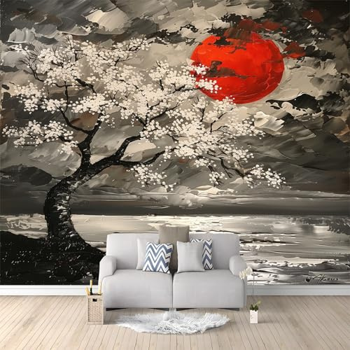 Albero Di Ciliegio Giapponese Poster Giganti da Parete Grigio Fotomurale Carta da Parati TNT Murale alla Moda Decorazione da Muro, Fotografica Murale per Camera Letto Sala 300x210 cm