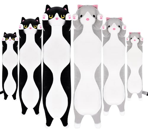 Aragallant Langes Katzen Plüsch Kuscheltier Kissen, Katze Kissen 90 cm, Weiches Plüschtier Kissen, Plüsch Spielzeug Geburtstag Weihnachten Geschenk für Kinder (Grau, 70CM)