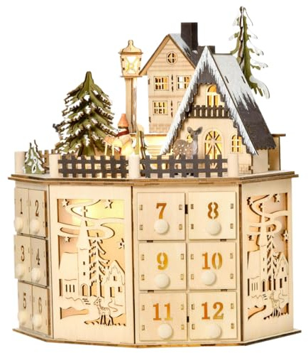 Cndiyald Adventskalender aus Holz, Weihnachtskalender mit Musik, Adventskalender mit 24 Schubladen, beleuchteter Weihnachtskalender, Setzkasten zum Selbstbefüllen für Erwachsene