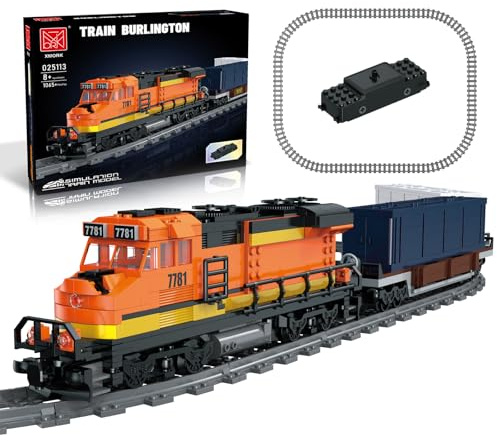 Güterzug Bausteine Zug Elektrisch Burlington Eisenbahn bausatz (1065 Teile) | mit wiederaufladbarem motorisierten Arbeitskopf, 2 Waggons, Geschenk für Jungen und Mädchen im Alter von 12–16 Jahren