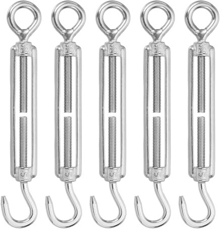 sourcing map M5 Hook and Eye Turnbuckles for Cable Wire Rope Tension, 304 Stainless Steel Turnbuckle Adjustable for Shade Sail String Light Hanging Pack of 5