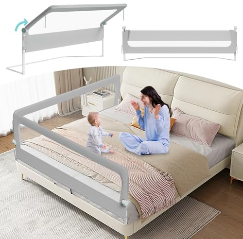 Tubiaz 2 x 180 cm + 1 x 150 cm, griglia di protezione per letto per bambini, pieghevole a 180 gradi, altezza regolabile 72 – 86 cm, griglia per lettino con piedini trapezoidali e cinghie di fissaggio,