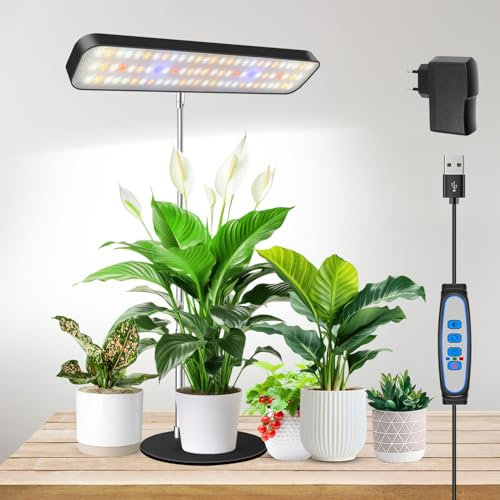 Aumtrly LED Pflanzenlampe, Vollspektrum Wachstumslampe für Kleine Pflanzen Anbauen, 5000K Weißes Licht Grow Lampe mit Sockeln 61cm Höhenverstellbar, 6/12/16H Zeitschaltuhr, 3 Lichtmodi