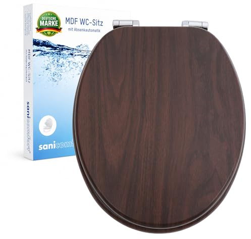 sanicomfort WC Sitz Wood dark, MDF Holzkern, mit Absenkautomatik, Toilettensitz mit Klodecken, Klobrille und Deckel, verchromte Metallscharniere, einfache Montage