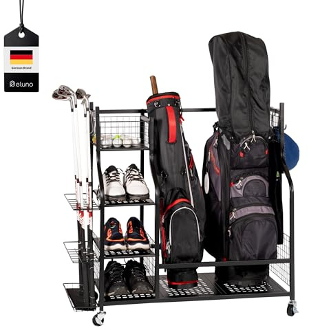eluno Golftaschen-Organizer, Regalwagen mit stabilen Ablagefl�chen und K�rben, Aufbewahrungsregal passend f�r 2 Golftaschen und Golfausr�stungszubeh�r, Golftaschenhalter, aus schwarzem Stahl