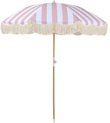 Pink Striped Garden Umbrella,Outdoor Boho Beach Umbrella with Fringes,8 Ribs,UV 50+,Tilt Button,Parasol Carry Bag for Holiday Lawn Pool Patio