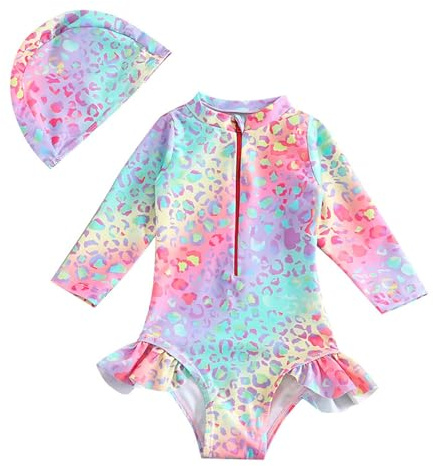 Traje de baño plano antierupción de manga larga para bebé niña con estampado de leopardo y borde con volantes UPF 50+ 1 pieza ropa de playa superior bañadores piscina, multicolor, 12- 24 meses