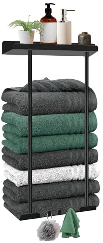 Towel Rack Wall Mounted, Towel Storage Self Adhesive Height Adjustable 38-75CM, Towel Holder No Drilling with Shelf and Hooks, Bath Sheets Rolled Towel Shelf Bathroom Storage