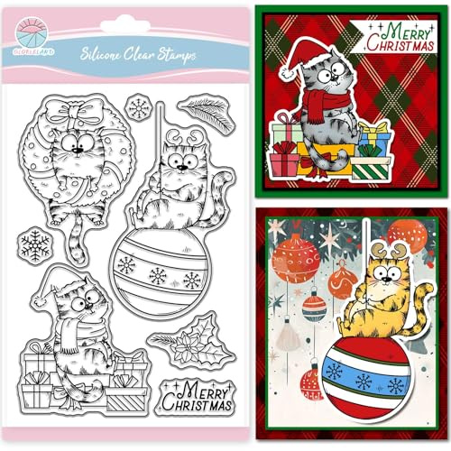 GLOBLELAND Klare Stampl Weihnachts Comic Katze Transparente Stempel Blumenkranz Farbenlicht Silikonstempel Geschenke Weihnachtsstempel für für DIY Journal Scrapbooking Fotoalbum Kartenherstellung