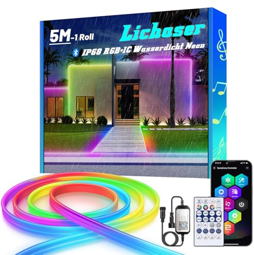 Lichaser RGB+IC Outdoor Neon LED Streifen, IP68 Bluetooth LED Strip Aussenbereich mit Smart-App, 24V DIY Flexibler Silikon Lichtband Außen Wasserdicht für Pavillon, Balkon, Garten, Party (5M*1)