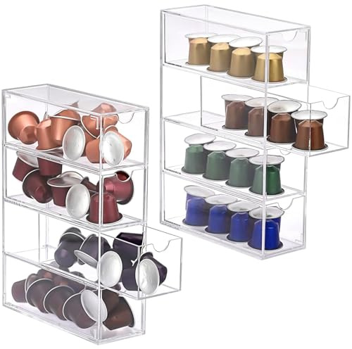 CRCFSUK 2Pcs Acrylic Coffee Pod Storage Organiser with 4 Drawers - Transparent Holder for Nespresso Vertuo/Original, Dolce Gusto & K-Cups - 24.7x17.6x6.6cm (9.7x6.9x2.6in) Stackable Drawer Box