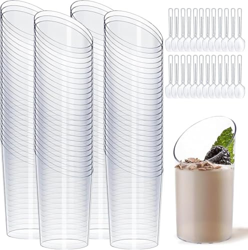 100Pcs Mini Angled Dessert Cups, 2.5Oz/75ml Round Dessert Cups Clear Reusable Serving Bowl with Spoons for Dessert,Pudding,Mousse,Party