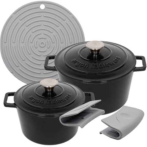 Argon Tableware Round Cast Iron Casserole Dish Set with Self-Basting Lid - 2.8L / 4.5L - Matt Black - 2 Piece Induction Hob Cooking Dutch Oven Bread Baking Serving Roasting Stew Stock Pot Cookware