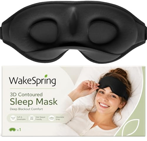 WakeSpring 3D Schlafmaske für Seitenschläfer Lichtblockierende Schlafbrille | 3D Augenfreiheit, Verstellbares Band, Lichtblockierung, Komfort für Schlaf, Reisen und Flug