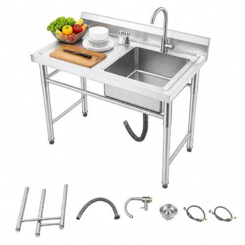 awolsrgiop Freistehende Edelstahl Spültisch, 1 Becken Spültisch, Gewerbliche Spülbecken, Gastrospüle Spüle Gastro mit 360 ° Wasserhahn & Unterschrank, für Küche, Restaurant, 100x60x93cm