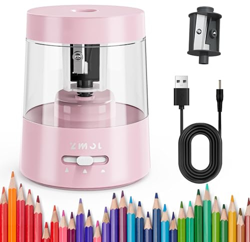 ZMOL Electric Pencil Sharpener, USB Powered & Battery Operated, Pink | Non-Rechargeable, 3 Tip Settings, for 6-8mm No.2/HB & Coloured Pencils, Auto Stop, Large Container, School/Home/Office