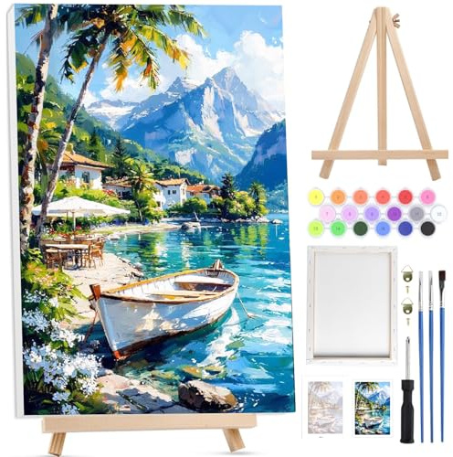 Bowetile Båt måla efter siffror för vuxna, scenmålning efter nummer-kit för vuxna nybörjare, canvassats med trästaffli, DIY-akrylfärg för dekoration 20 x 30 cm