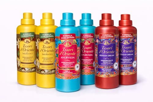 Tesori d'Oriente sköljmedel koncentrat blandningsset – 6-pack (6 x 760 ml) – 2 x Vaniglia & Zenzero 2 x Ayurveda 2 x Persian Dream, italienskt varumärke, långvarig friskhet, extra mjuk tvätt Veltao