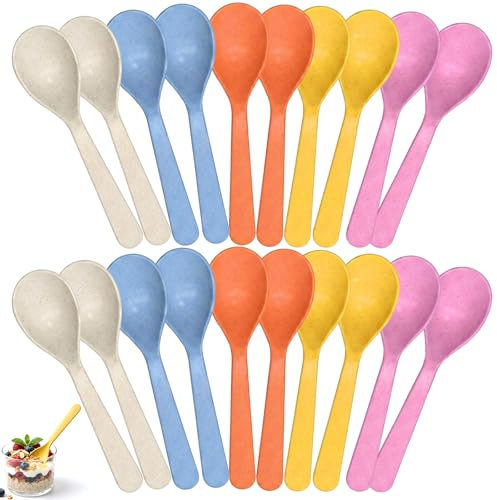 CAIYUANGUANGJIN 20 Pack Reusable Plastic Spoons, 5 Colours Wheat Fibre Teaspoons, Short Handle Dessert Spoons for Office Home Kitchen Party Camping, Dishwasher Safe Mini Spoon