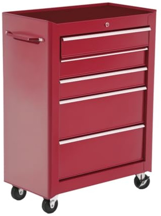HOMCOM Servante d'Atelier Vide en Acier 5 Tiroirs sur Roulettes Rouge | Chariot à Outils, Verrouillable 2 Clés, Tapis EVA Antidérapant, Caisse à Outils Pour Atelier, Garage
