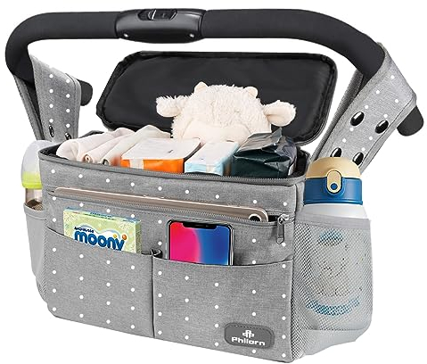 PHILORN Kinderwagen Organizer mit Isolierte Getränkehalter, Schultergurt Große Kapazität, Universal Baby Kinderwagen Tasche, Grau mit Punkten