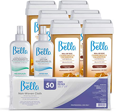 Depil Bella Brazilian Roll-On Chamomile and Calendula Depilatory Wax | Body Waxing, Hair Removal Wax-Cartridge | For Men and Women | Home Self Waxing | Sensitive Skin | Painless (6 PACK+ ADD)