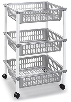 AC - Carrito verdulero Modelo PLFT de plástico con 3 Niveles y Ruedas, cestas apilables portaobjetos, Frutas, Verduras, Cocina, baño (Plata - 61 x 40 x 30 cm)