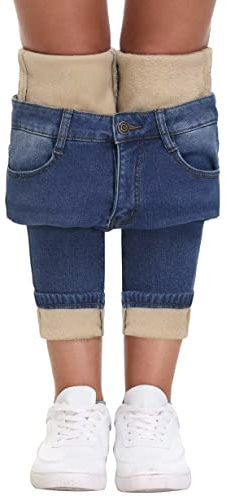 KDF Womens Fleece Lined Jeans Women Thermal Winter Jeans Warm Stretch Denim Fleece Lined Pants Jeans Dark Blue Size 4