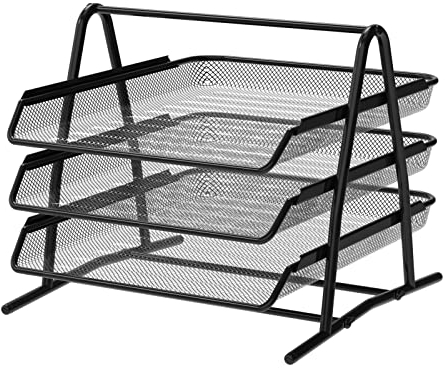 Detectalia Bandeja Organizador Escritorio y Documentos 3 Niveles Negro. Folios A4, Cajonera Escritorio, Carpetas Archivadoras, Escritorio Ordenador, Organizador Cajones, Material Malla Metalica Negra