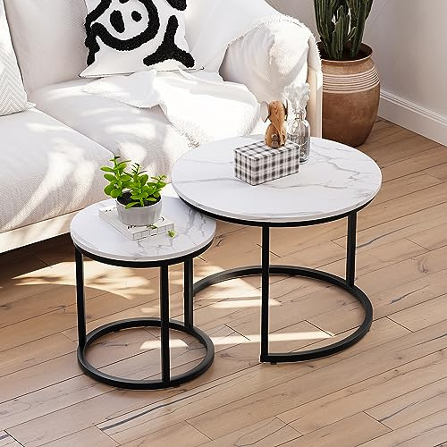 Smuxee White Nesting Coffee Table Set of 2, 23.6 Round Coffee Table Wood Grain Top with Adjustable Non-Slip Feet, Industrial End Table Side Tables for Living Room Bedroom Balcony Yard