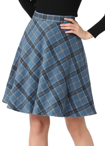 Allegra K Damen Karo Rock Festlich A-Linie Hohe Taille Kammgarn Kariert Midirock | Elastische hohe Taille, A-Linie, knielang, Karomuster, vollständig gefüttert, plissiert, lässiger Herbst und Winter