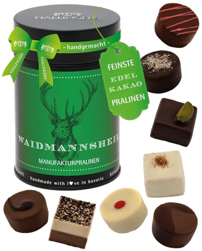 Hallingers Genuss Manufaktur Pralinen Jäger-Geschenk - ohne Alkohol, handmade aus Confiserie-Edelkakao in wertiger Geschenkdose Waidmannsheil, Jagd-Geschenkidee für Jäger