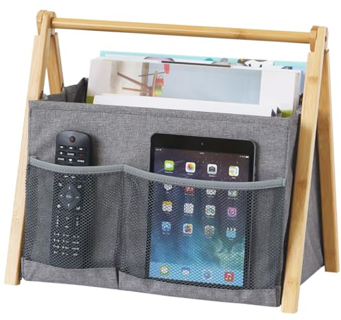 Neateam Zeitungsständer Modern Zeitungshalter, Faltbarer Zeitschriftenständer mit Bambusgriff, Zeitschriftensammler Zeitungskorb für Büro Zuhause und Wohnzimmer - Grau