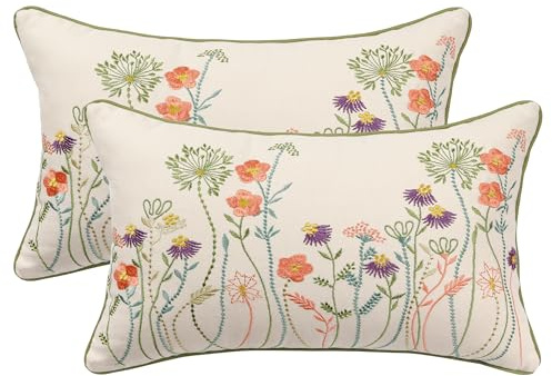 Tosleo Lot de 2 Housse de Coussin Brodées 30x50cm Taie d'oreiller en Coton Floral Fleurs Violettes Roses Deco pour Canapé Chambre Salon Voiture Fauteuil Jardin Ferme