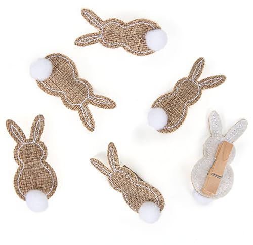 Dekoklammern Ostern, 6 Stück: Holzklammern Osterhasen Holz & Jute, Mini Deko-Clips zum Basteln & für Osternest, Wäscheklammern Hasen, Holzwäscheklammern Tischdeko, Verzierung Geschenke, Natur, 3,5 cm