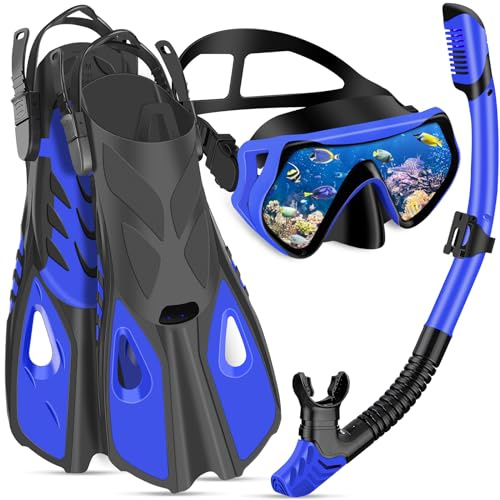 IEEILULU Set da Snorkeling per Adulti, Set di Boccaglio con Maschera Subacquea, Snorkel Semi Asciutto e Pinne Regolabili, Set da Immersione per Adulti Snorkeling Avventura Subacquea (Blue, S/M)