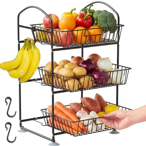 Ofiray-home 3 Tier Fruit Basket with 2 Banana Hangers, Detachable Countertop Fruit Vegetable Basket Organizer for Kitchen Counter, Metal Mesh Fruit Bowl for Potato Onion Bread Snack Veggie