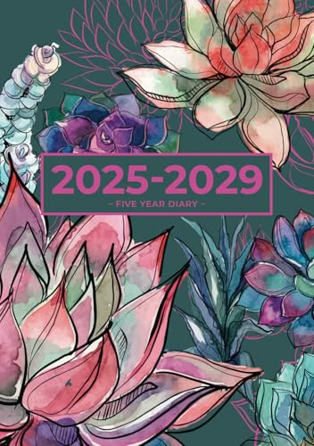 5 Year Diary 2025-2029 | A5 Gorgeous Vibrant Succulent Garden: Month to View Planner with UK Holidays, Vision Board, Moon Phases, Birthdays & Celebrations, Contacts, Passwords (Five Years)